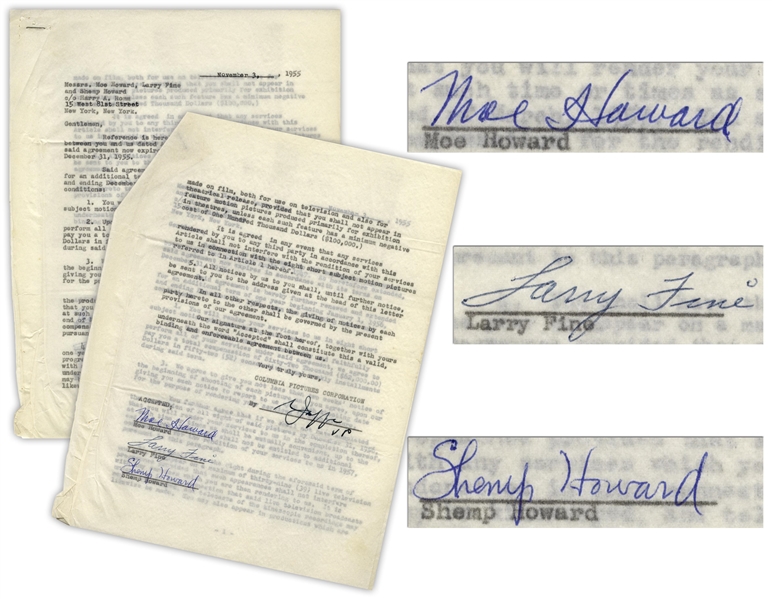 The Three Stooges Signed Contract Renewal With Columbia From 3 November 1955, With Shemp's Signature.  He Died 22 November, 1955